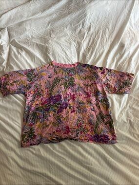 💜 3/30 Vintage Boom - Oversized Tropical Floral Pink Short Sleeve Top